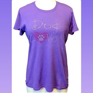 Dog Lover Tee with Rhinestone Crystals in Purple with Bright Pink Heart